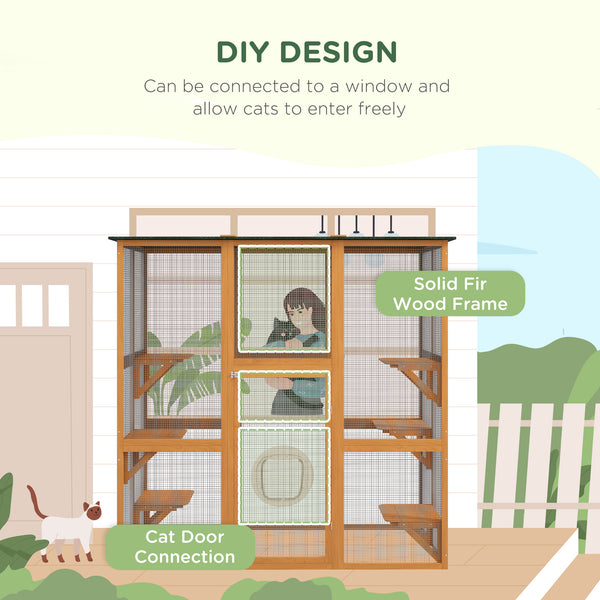Wooden cat cage with 6 balanced platforms and asphalt roof, orange