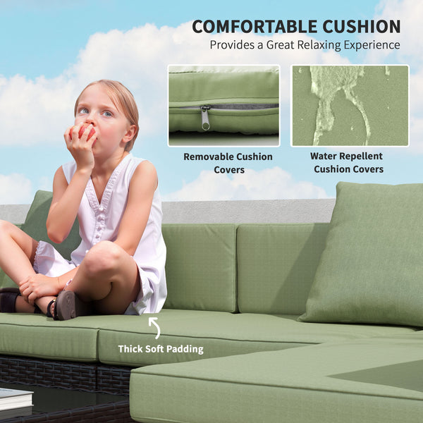 7 Piece Outdoor Rattan Furniture Set, Wicker Corner Sofa, Light Green