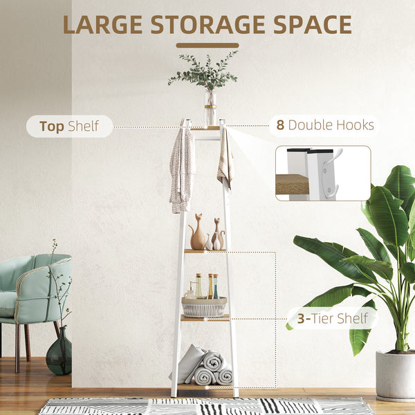 Storage shelf with 8 hooks and 3 levels, coat rack for bedroom, entrance, oak