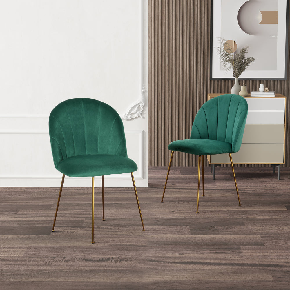 Set of 2 upholstered chairs with gold metal legs, green 
