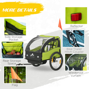 2-seater bicycle trailer with 5-point harness, 20-inch wheels, green