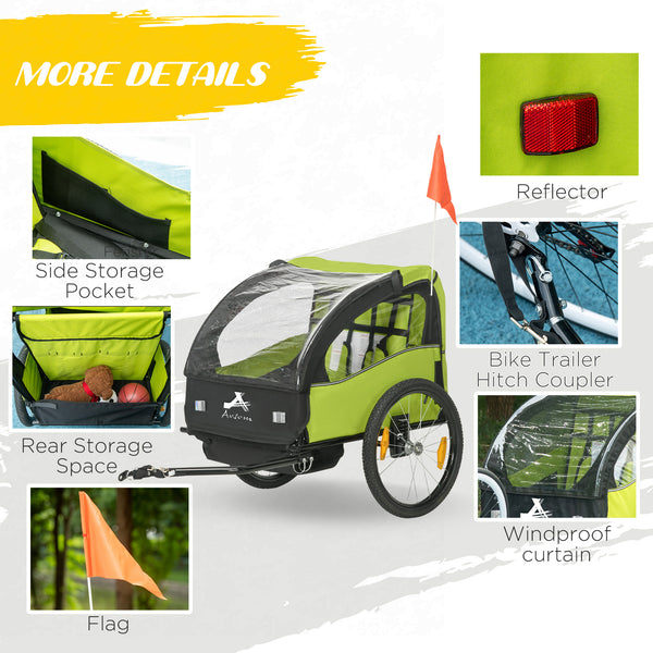 2-seater bicycle trailer with 5-point harness, 20-inch wheels, green