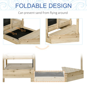 Wooden sandbox with lid, flag and bottom liner, natural wood