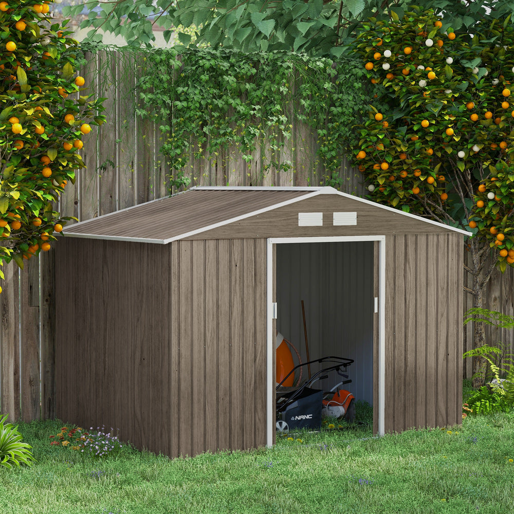 Garden shed with foundation kit and double door, aged light brown color