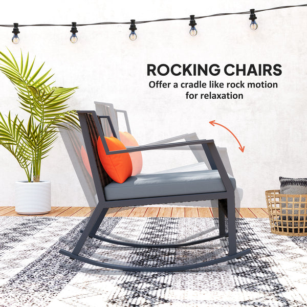 Wicker Rocking Bistro Set with Cushions and Glass Table, Grey