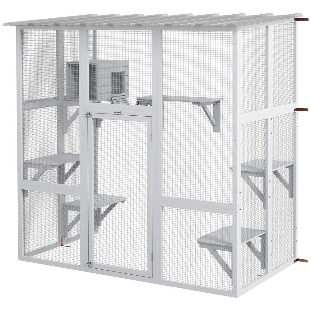 Outdoor Cat Enclosure with Weatherproof Roof, White