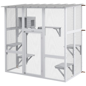 Outdoor Cat Enclosure with Weatherproof Roof, White