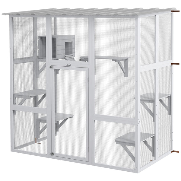 Outdoor Cat Enclosure with Weatherproof Roof, White
