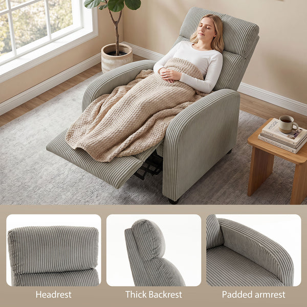 Corduroy recliner with upholstered seat, ideal for the living room, gray