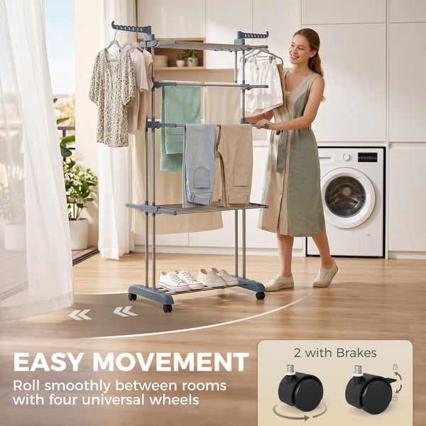 5-tier foldable clothes drying rack on wheels, grey