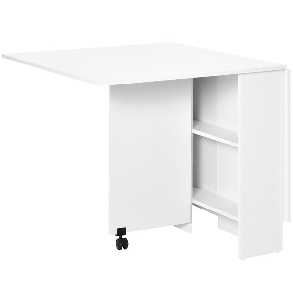 Extendable dining table with 2-tier shelves and casters, white