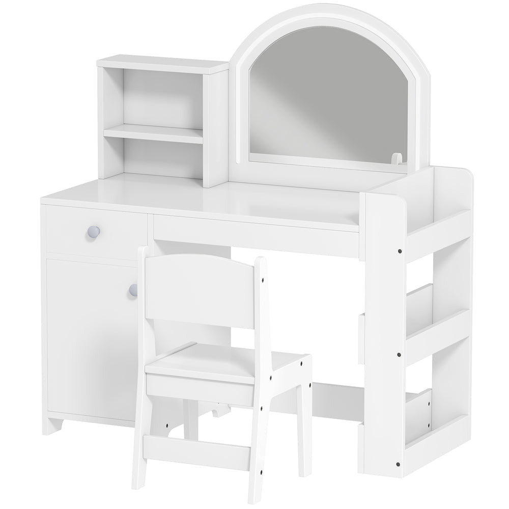Dressing table and chair with illuminated mirror, wardrobe, drawer and shelves, white