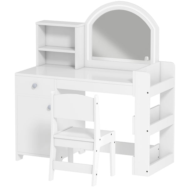 Dressing table and chair with illuminated mirror, wardrobe, drawer and shelves, white
