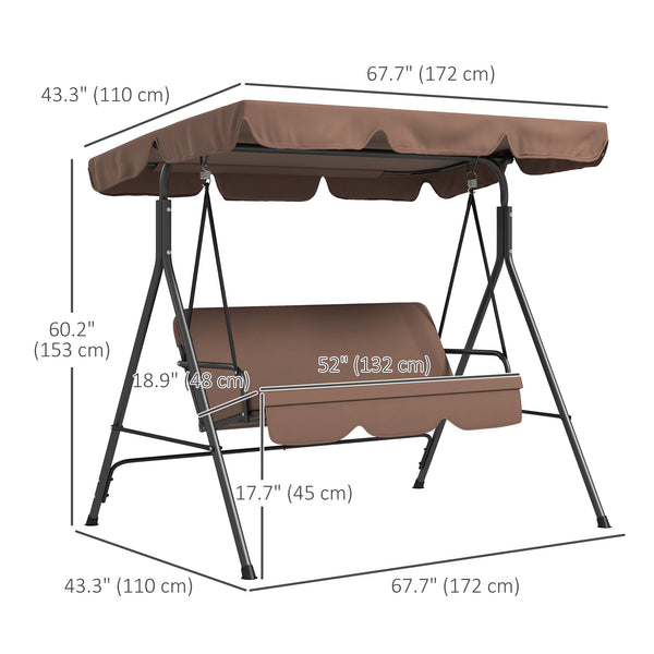 3-Seater Outdoor Porch Swing with Adjustable Canopy, Patio Swing Chair for Garden, Poolside, Backyard, Brown