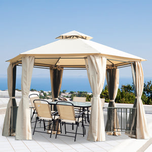13 ft hexagonal gazebo with mosquito netting and shade curtains, beige