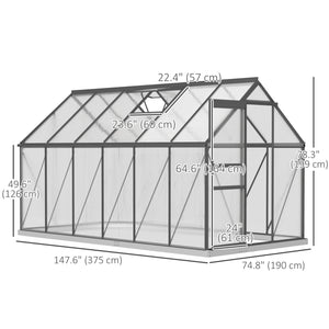 Ground-level greenhouse with adjustable roof ventilation, galvanized base, sliding door and gutter, anthracite grey
