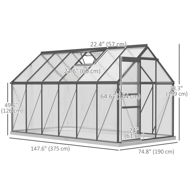 Ground-level greenhouse with adjustable roof ventilation, galvanized base, sliding door and gutter, anthracite grey