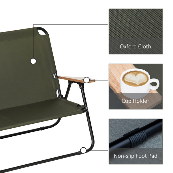 Double folding chair with wooden armrests, green