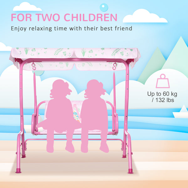 2-Seat Kids Porch Swing Chair, Children Outdoor Patio Furniture Lounge Chair for Garden, with Adjustable Canopy, Seat Belt, Mermaid Pattern, for 3-6 Years Old, Pink