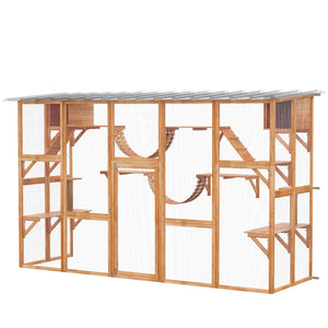 Large cat enclosure with niches, platforms, ladders and sturdy roof, orange.