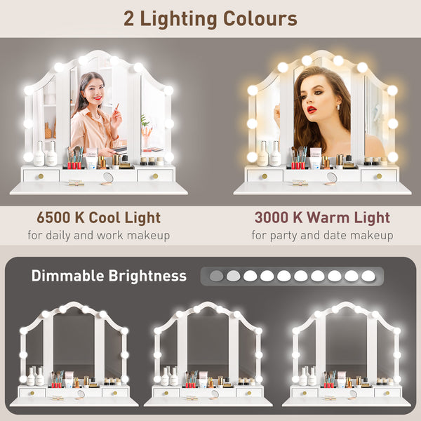 Dressing table with stool, 10 LED lights, 5 drawers and 3 compartments, white