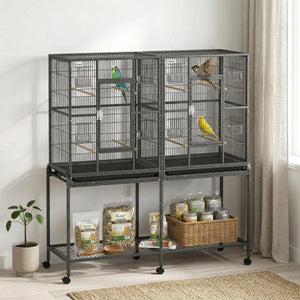Large double bird cage with removable divider, stand with wheels and accessories – Black