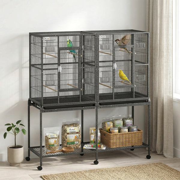 Large double bird cage with removable divider, stand with wheels and accessories – Black