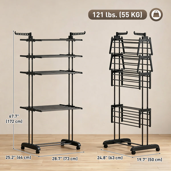 5-tier foldable clothes drying rack on wheels, black