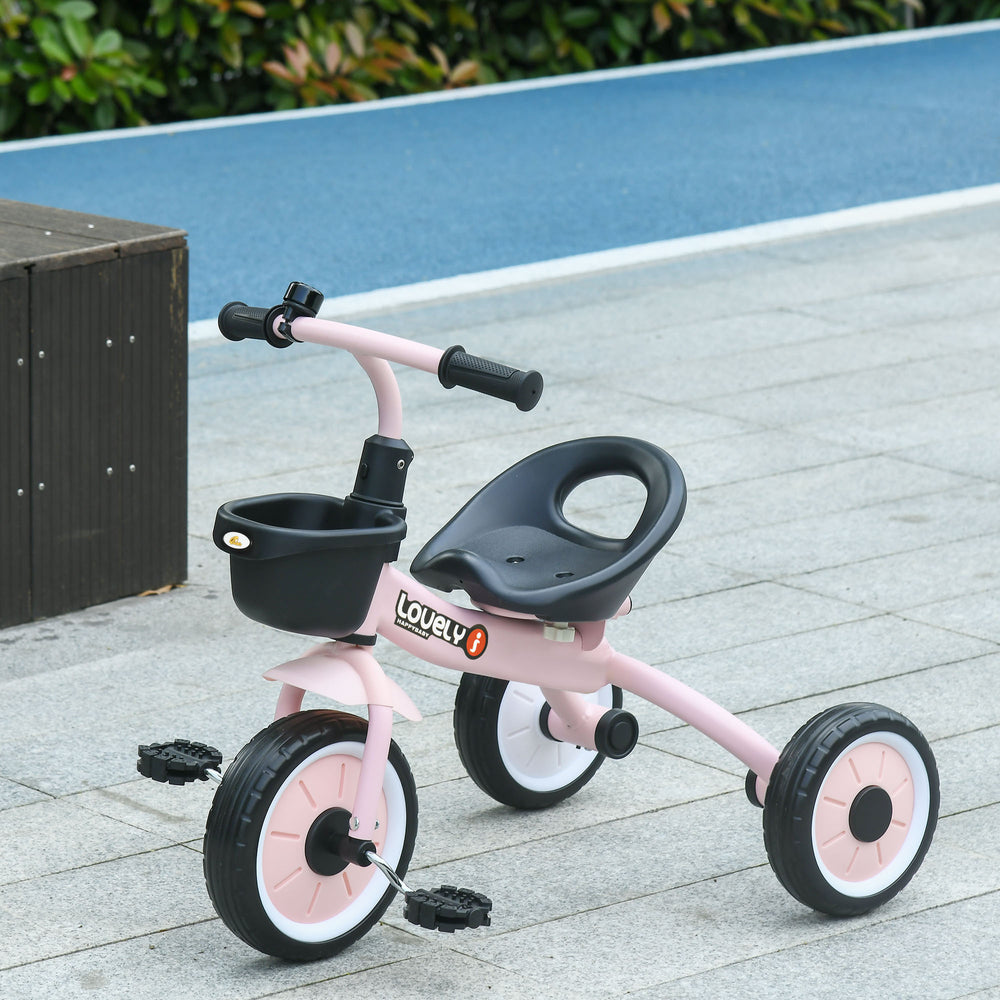 Tricycle with adjustable seat, basket, bell, pink