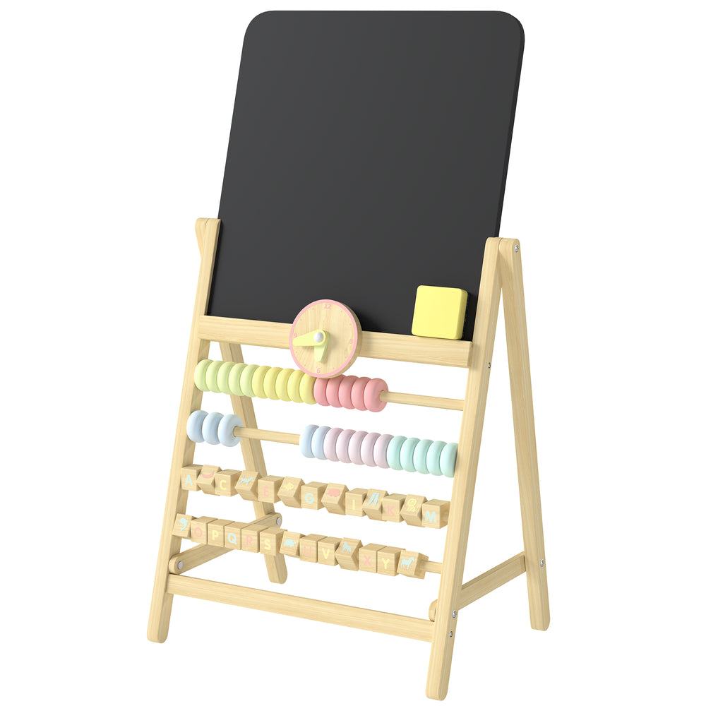 Double-sided children's easel with abacus and clock, natural wood