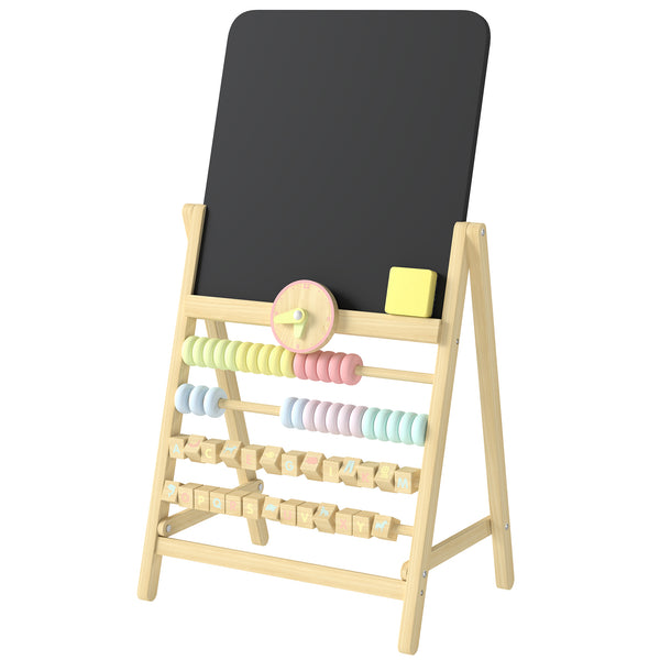 Double-sided children's easel with abacus and clock, natural wood