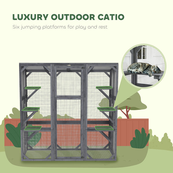Cat enclosure with 6 jumping platforms and weatherproof roof, grey
