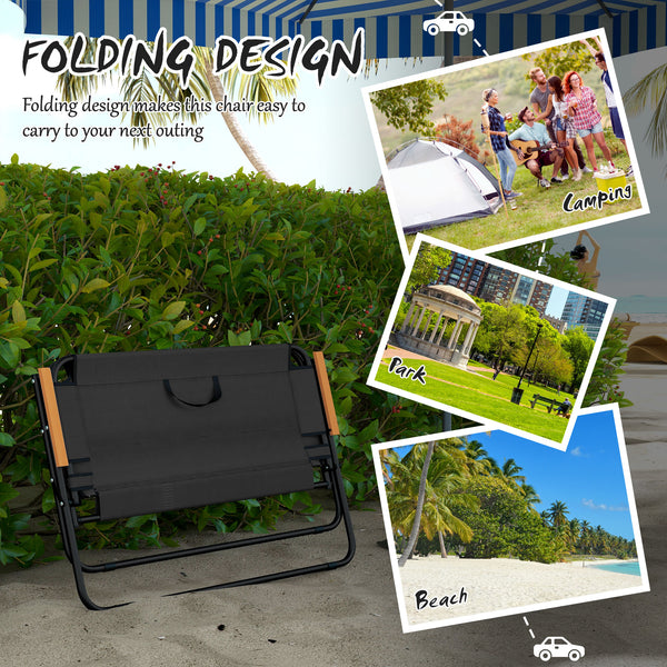Folding 2-seater garden bench with armrests, black