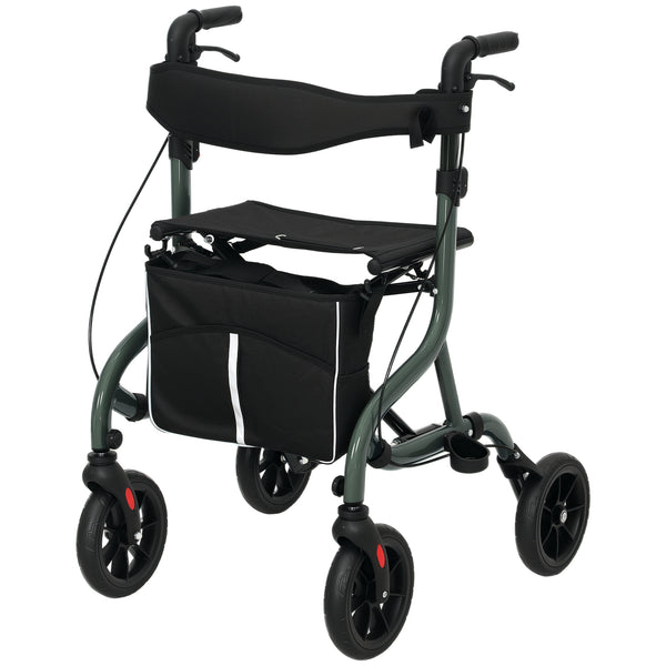 Foldable rollator walker with seat for seniors, lightweight with wheels, and adjustable handles, green