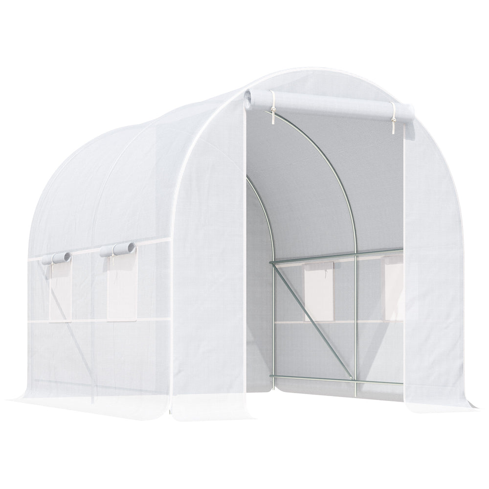 Portable tunnel greenhouse with door and ventilation window, white