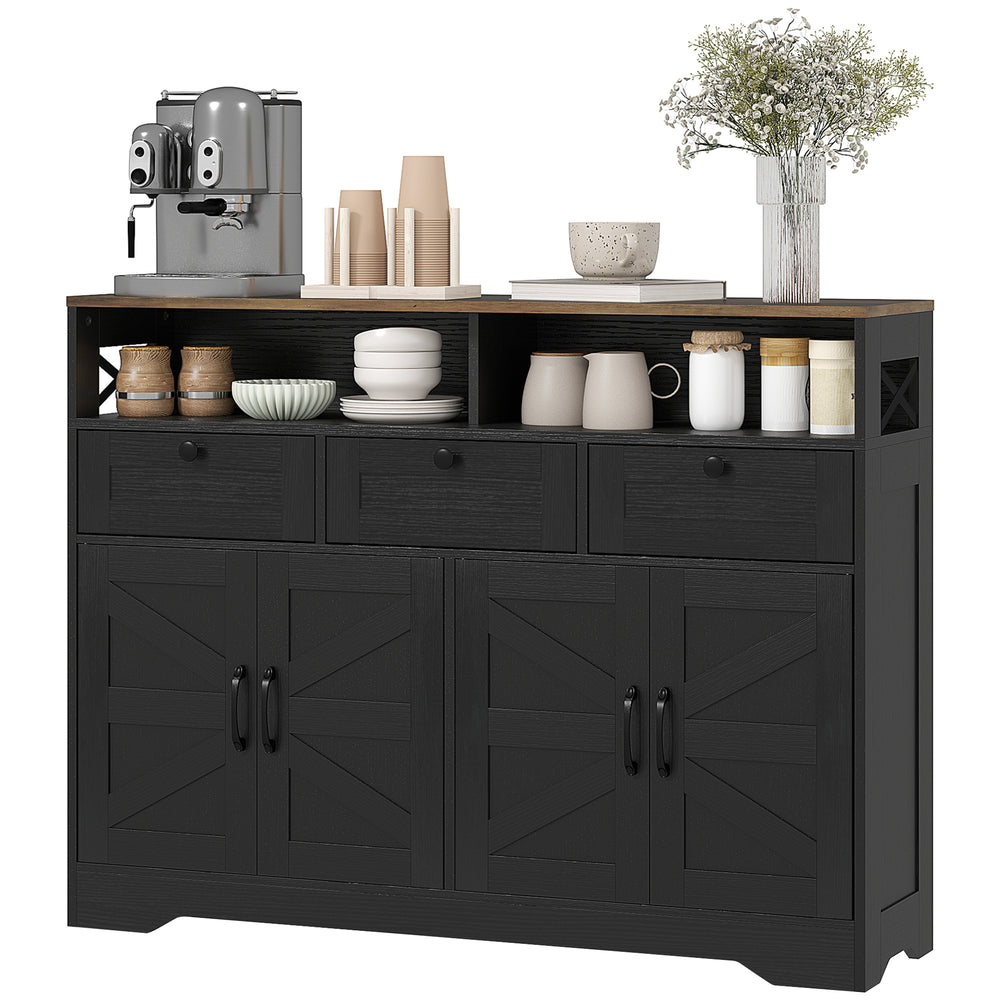 Sideboard with 4 barn doors and 3 drawers, coffee bar cabinet with adjustable shelves, black