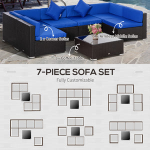 7-piece rattan garden furniture set, wicker corner sofa for patio, blue