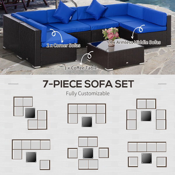 7-piece rattan garden furniture set, wicker corner sofa for patio, blue