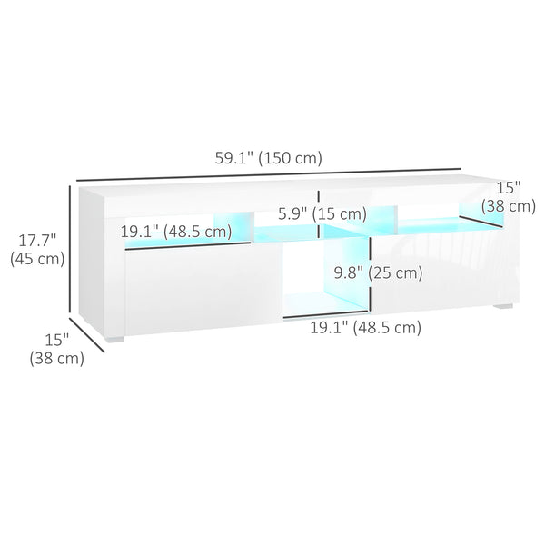 Cabinet with storage and LED lighting for TVs up to 55 inches, glossy white