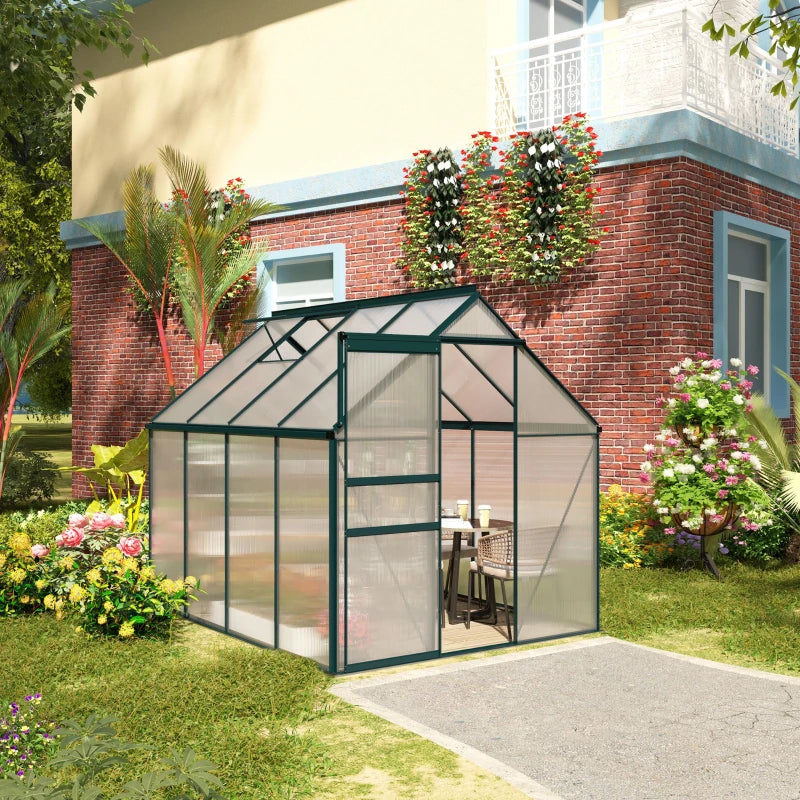 Polycarbonate greenhouse with adjustable ventilated roof and gutter