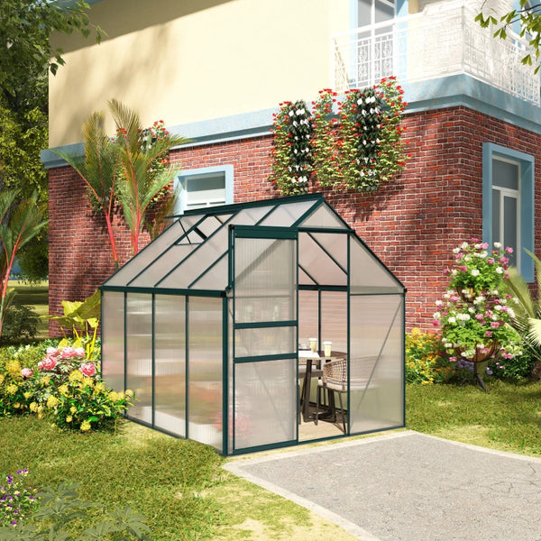 Polycarbonate greenhouse with adjustable ventilated roof and gutter