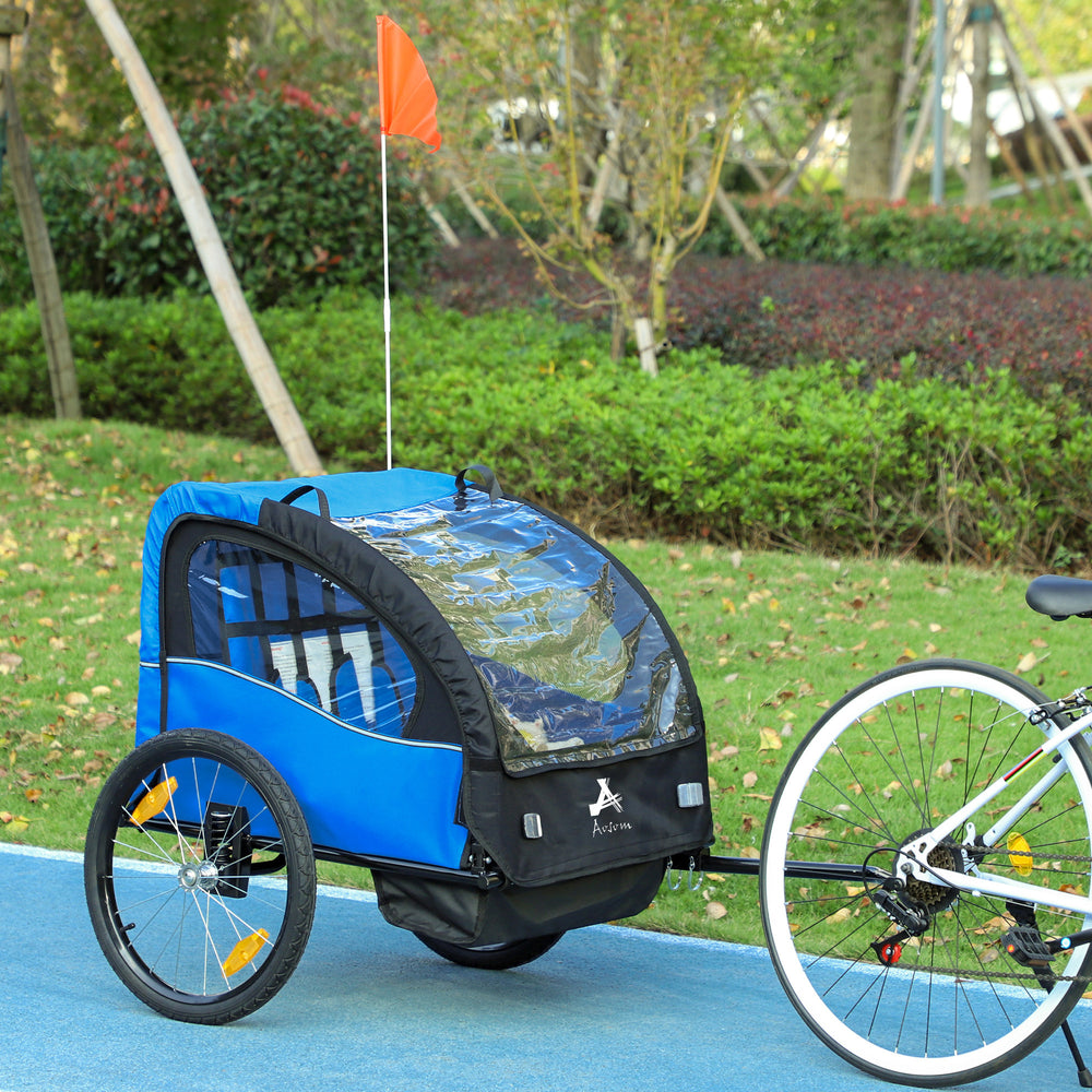 2-seater child bike trailer with 5-point harness, blue