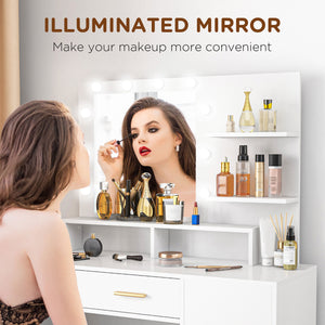 LED illuminated dressing table with stool, drawer and shelves, white