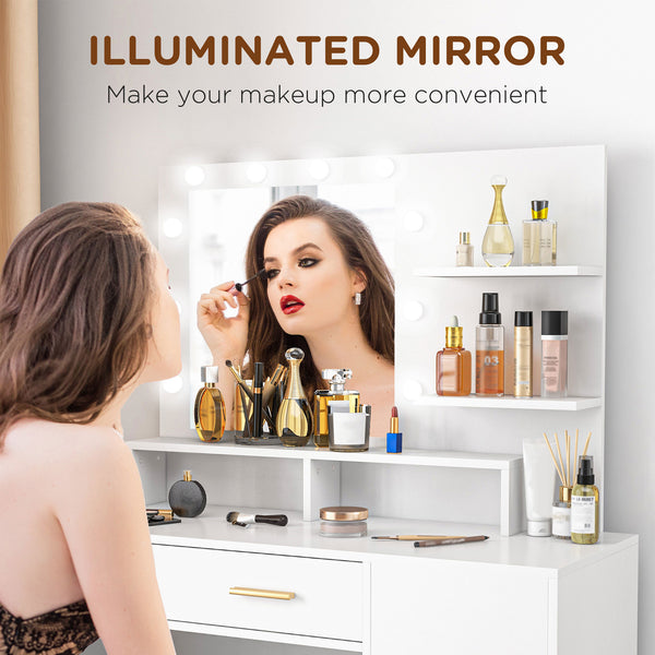 LED illuminated dressing table with stool, drawer and shelves, white