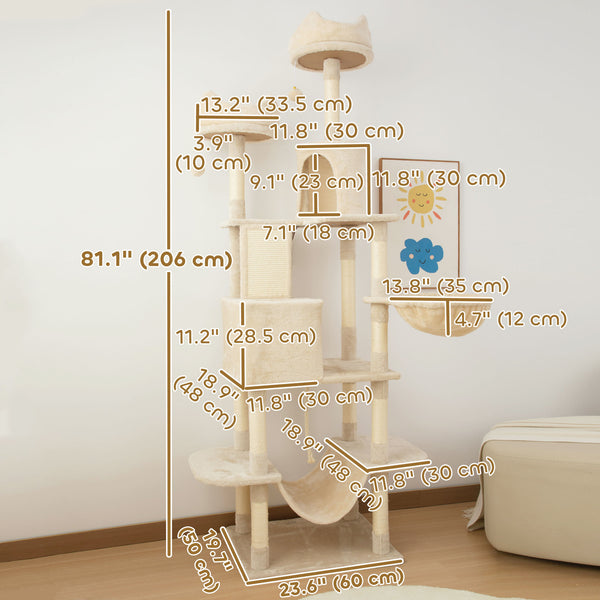 Large 206cm Cat Tree with Scratching Posts, Cabins, Beds, Hammocks, Beige