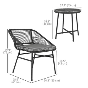 3-piece bistro set in woven resin with glass-topped table, black