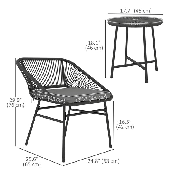 3-piece bistro set in woven resin with glass-topped table, black