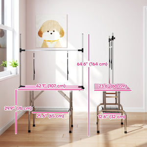 Adjustable Dog Grooming Table with 2 Safety Straps and Storage Basket, Pink