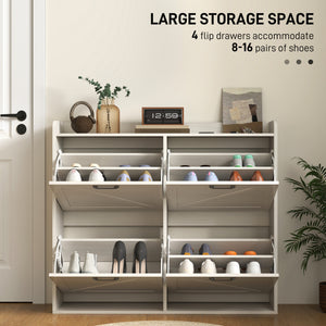 Shoe cabinet with 4 drop-down drawers, adjustable shelves for 16 pairs, white oak