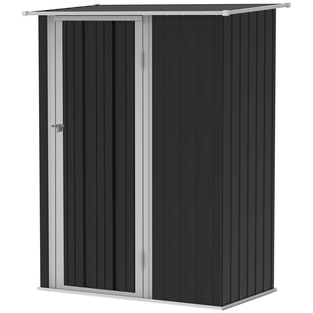 Metal garden shed with sloping roof and lockable door for tools, grey